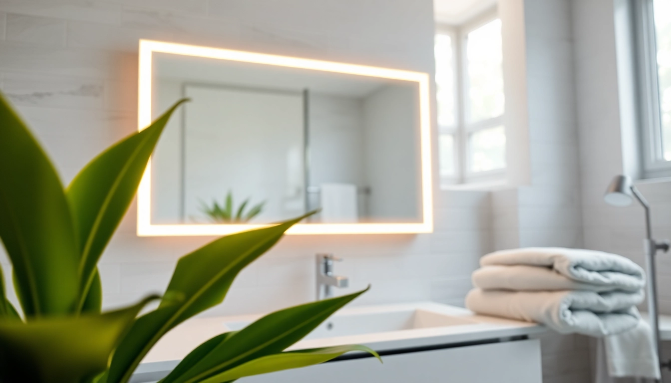 Showcase of a modern mirror and led lights enhancing a stylish bathroom ambiance.