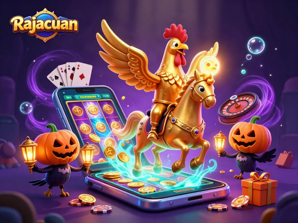 Experience the excitement of Rajacuan with a vibrant casino scene featuring a golden rooster and dynamic gaming elements.