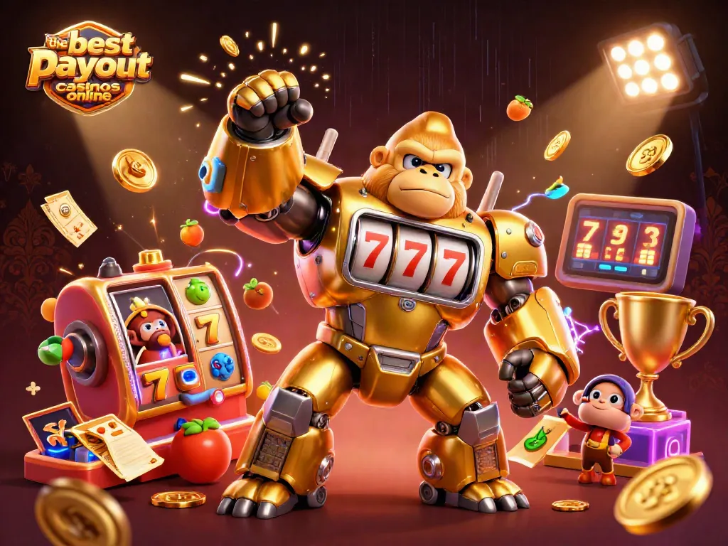 Engage with the best payout casinos online showcasing a golden gorilla mech with slot machine elements.