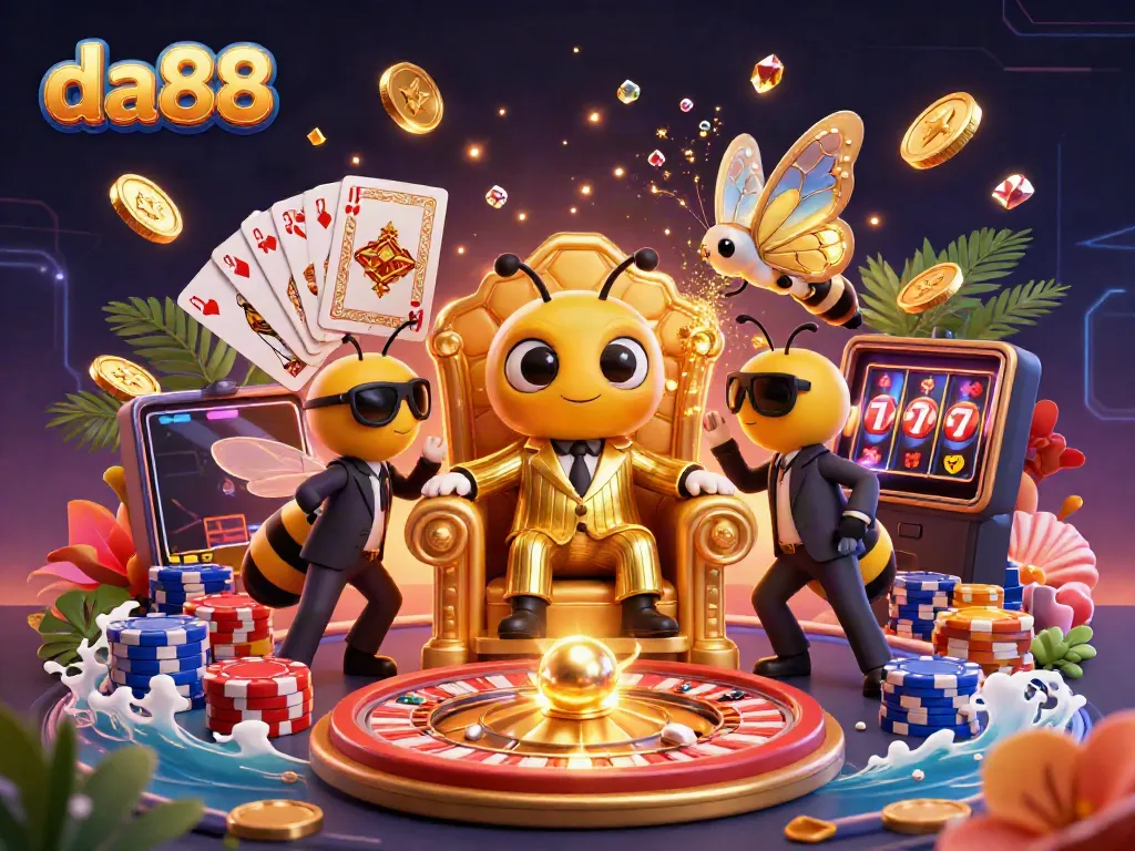 Experience thrilling da88 gameplay with cartoon characters in a vibrant casino scene featuring gold coins, roulette, and dynamic elements.