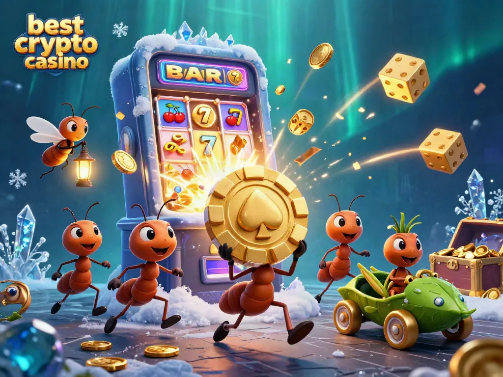 Gioca nei migliori crypto casino: un team di formiche trasporta un chip d'oro tra schermi di gioco e simboli festivi.