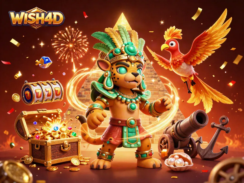 Experience WISH4D with 3D cartoon characters celebrating jackpots in a vibrant casino scene