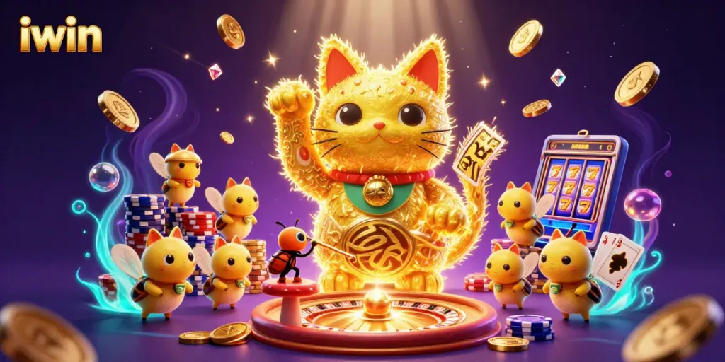 Play top casino games with iwin's vibrant lucky cat illustration surrounded by rich gameplay elements.