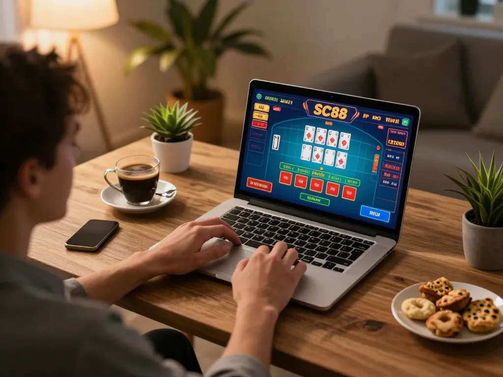 Player strategically engaging with SC88 online casino game on laptop in a cozy home environment.