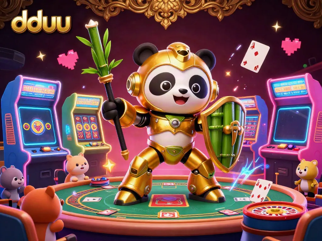 Spin and win on dduu's vibrant slot machines with a dynamic panda-themed arena showcasing casino excitement.