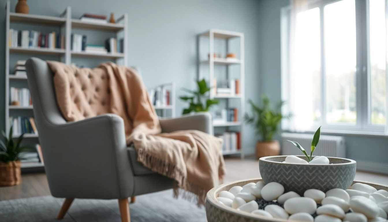 Therapy space designed for stress and anxiety relief featuring a calming chair and zen garden.