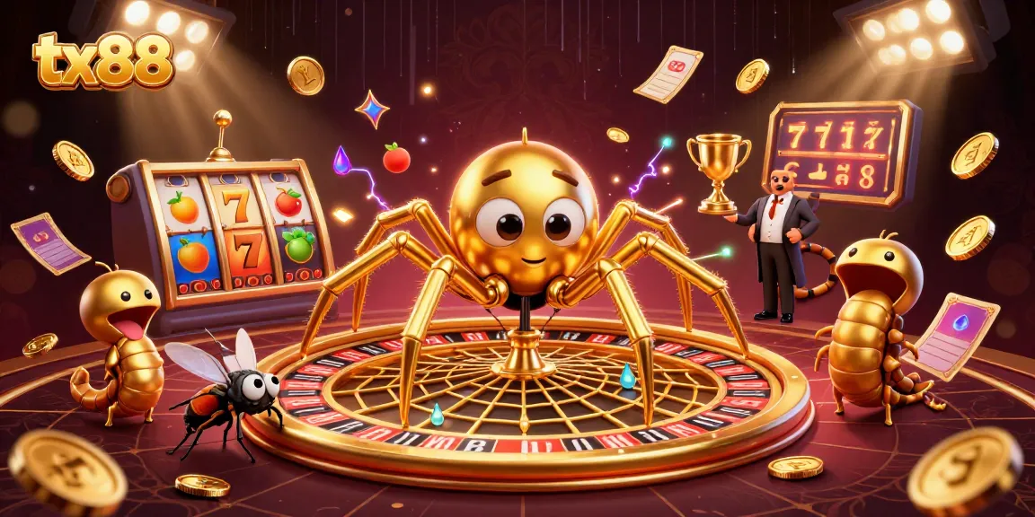 Bet on tx88 with a golden spider spinning a roulette wheel in a vibrant 3D casino scene.