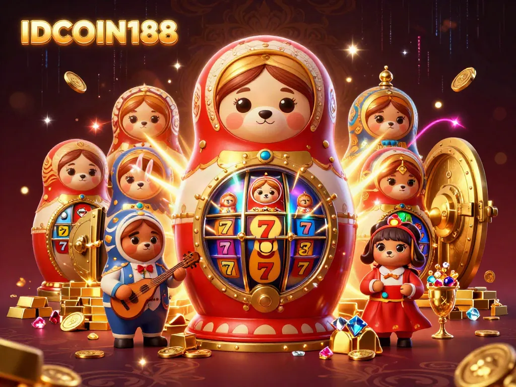 Exciting gambling scene with IDCOIN188 featuring 3D cartoon characters amidst gold and slot themes.