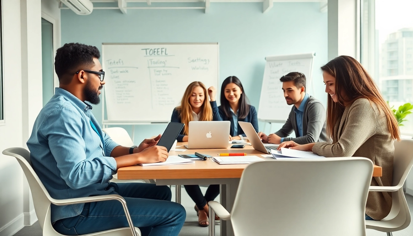 Group of TOEFL test takers for hire collaborating in a modern office environment.