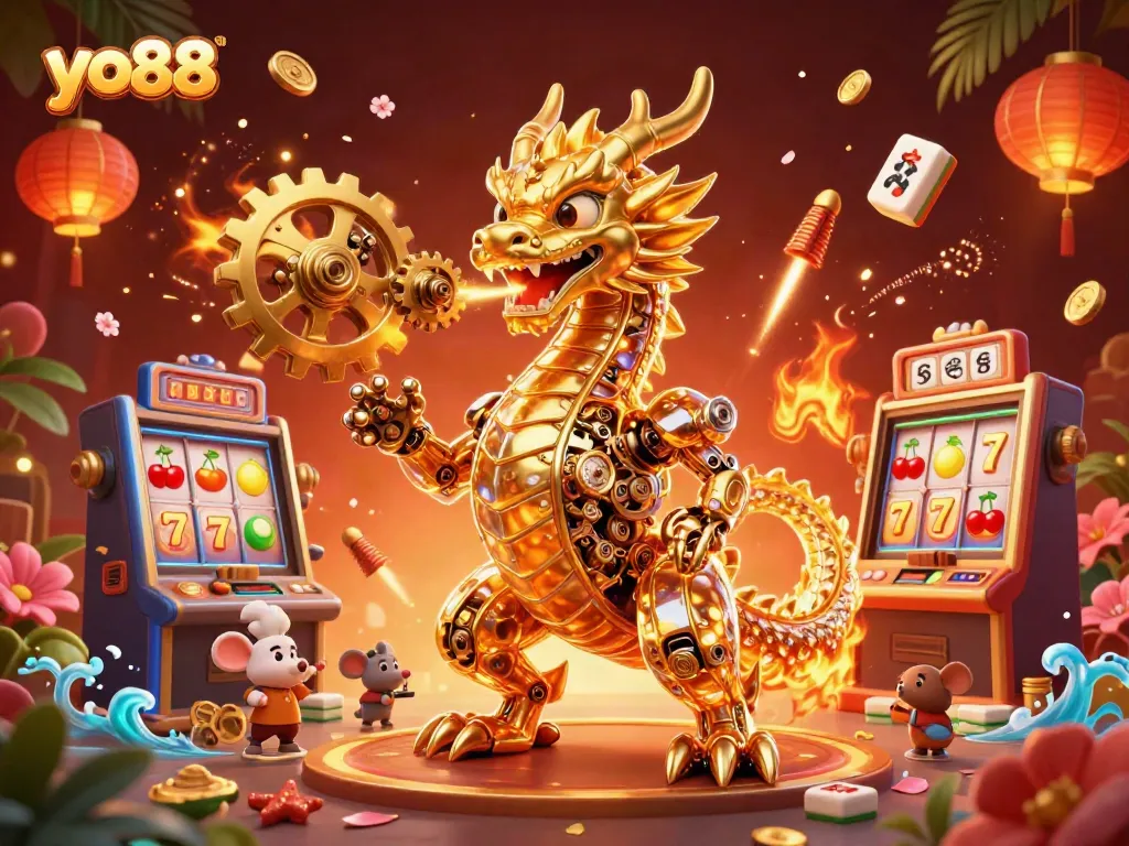 Experience excitement at yo88 with a golden dragon, vibrant slots, and thrilling elements in a dynamic casino scene.
