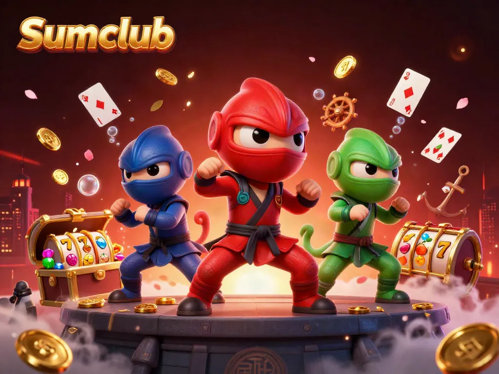 Engage with thrilling Sumclub gameplay featuring cartoon ninjas, vibrant treasures, and slot symbols in action.