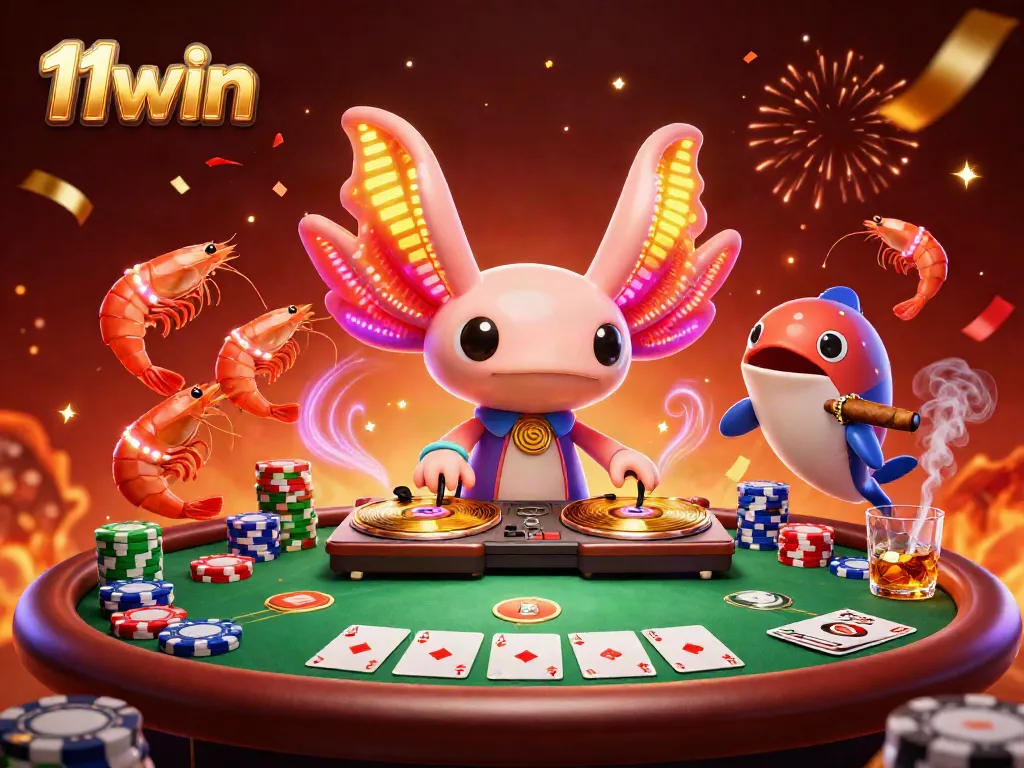Engage with 11win's vibrant gaming scene featuring a neon axolotl DJ and festive casino elements.