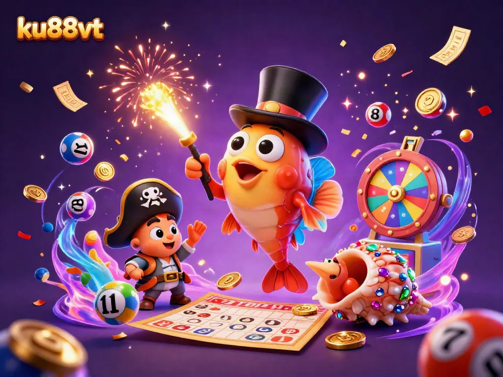 Win big at ku88vt with a vibrant scene featuring a deep-sea anglerfish and pirate shrimp in a treasure-filled casino.