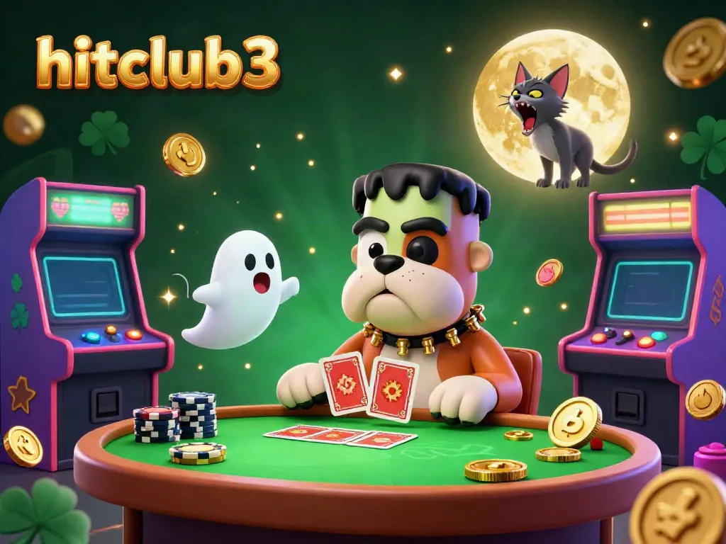 Experience the thrill at hitclub3 with a vibrant casino scene featuring a Frankenstein bulldog dealing cards.