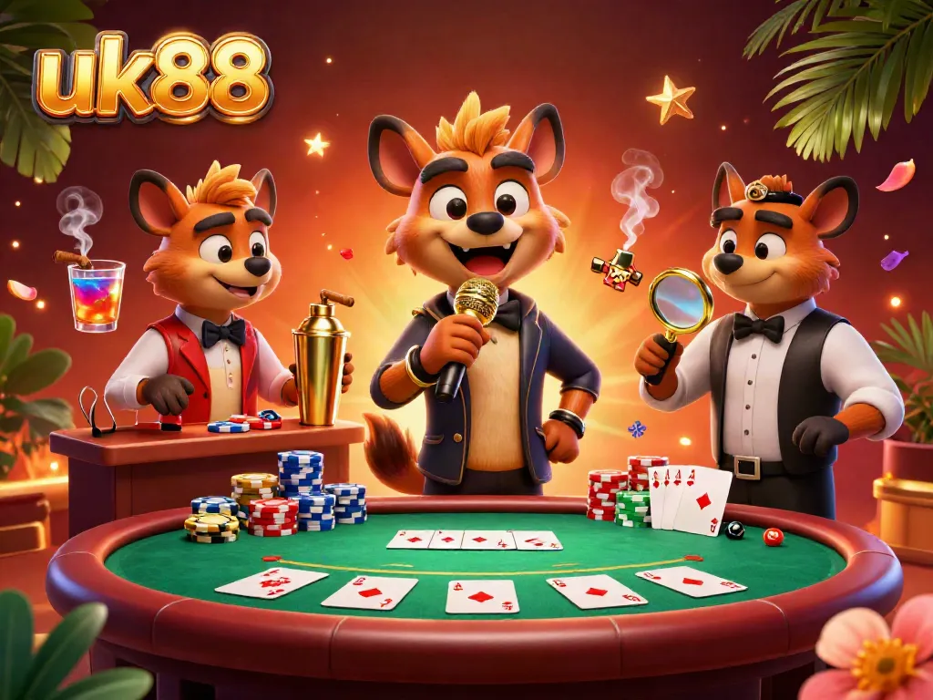 Experience the excitement of uk88 with a vibrant casino club scene featuring hyenas as characters, capturing the essence of gambling fun.