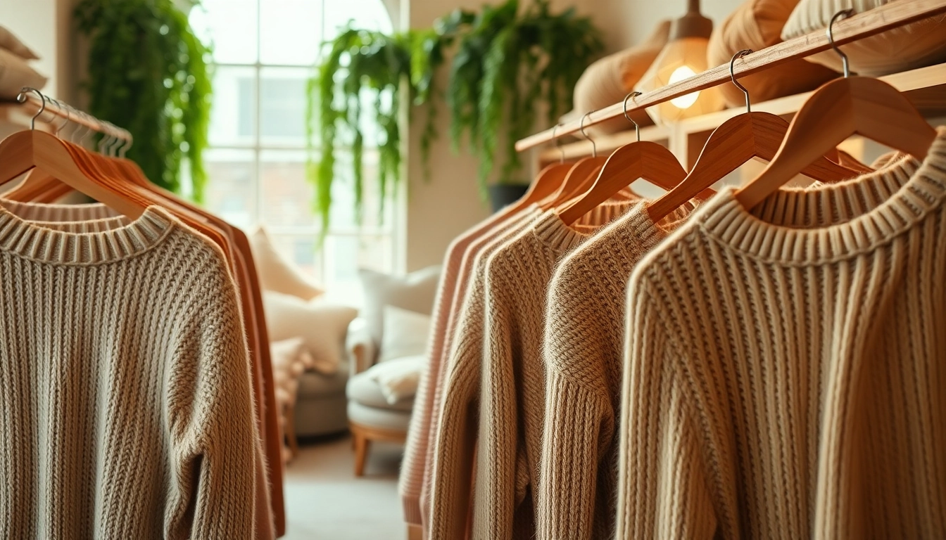 Shop vibrant jumpers in a cozy boutique with earthy hues and warm lighting.