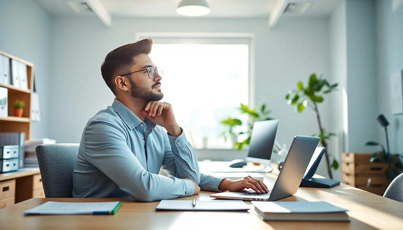 How to find my perfect career path with a professional contemplating choices in a serene office.