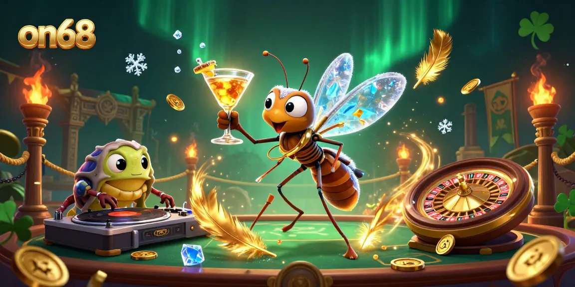 Experience thrilling gaming adventures at on68 with a golden roulette wheel and vibrant casino characters.