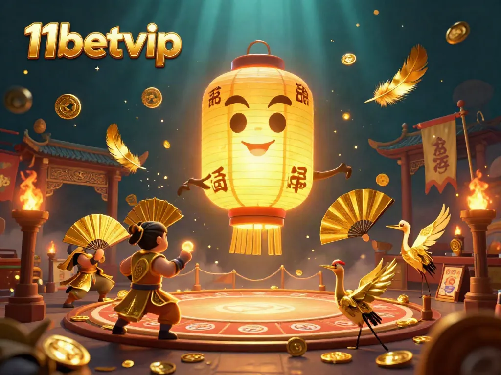 Engage with 11betvip's vibrant casino scene showcasing a golden lantern spirit above a night market, surrounded by warriors and lucky symbols.