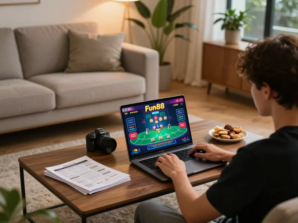 Player enjoying fun and exciting gameplay on Fun88 online casino platform in a cozy home setting