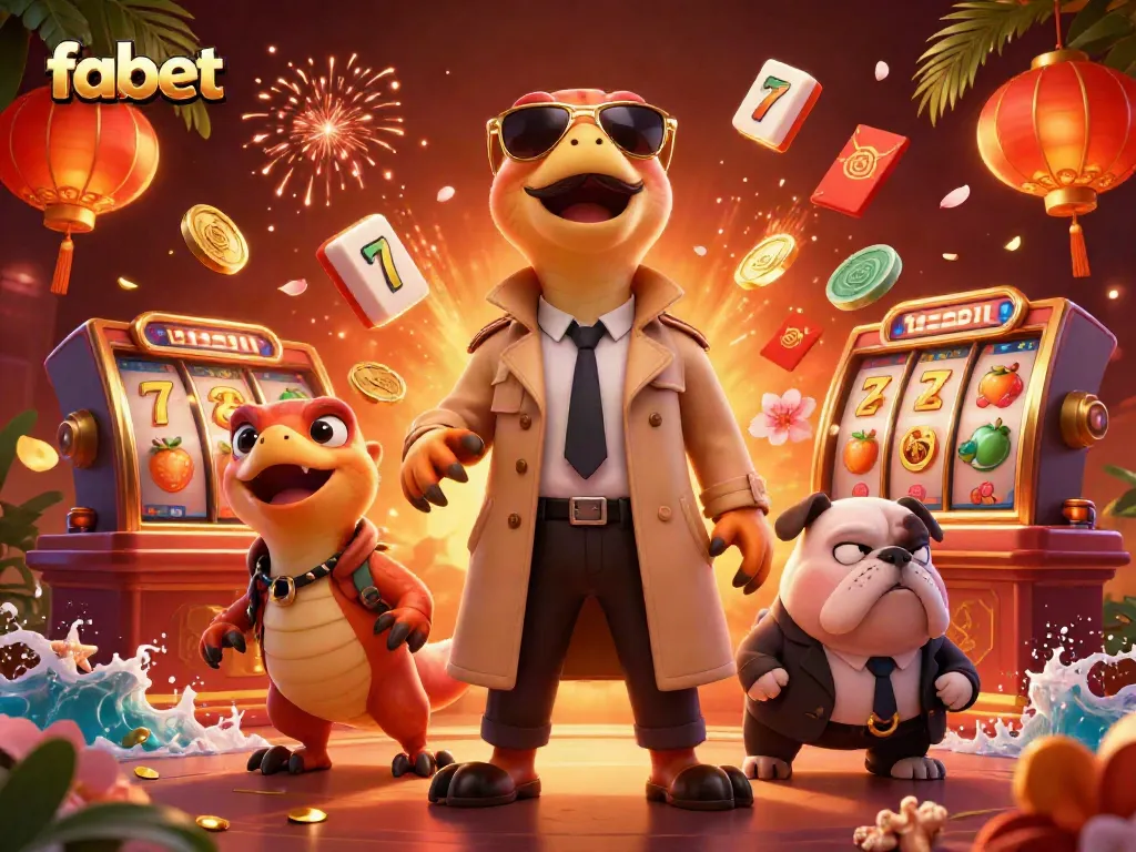 Experience fabet's thrilling VIP atmosphere with raptors and casino elements in dynamic 3D art.