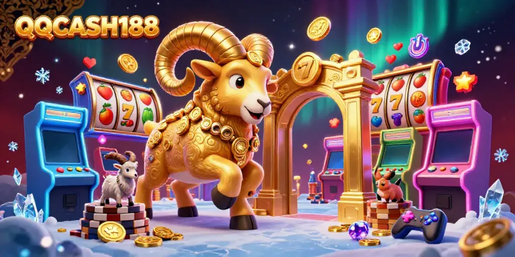 Engage with QQCASH188's dynamic 3D casino scene featuring golden ram and slot games.