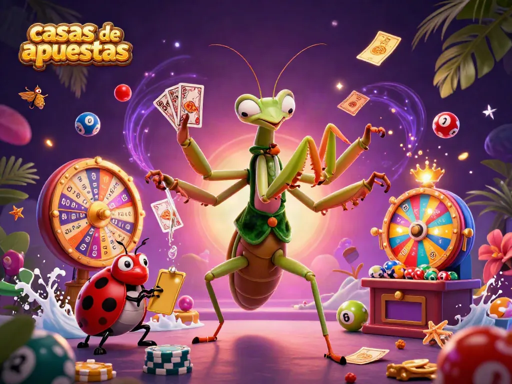 Las casas de apuestas presentan un emocionante entorno de juego con un camaleón y una mariquita dirigiendo una animada promoción.