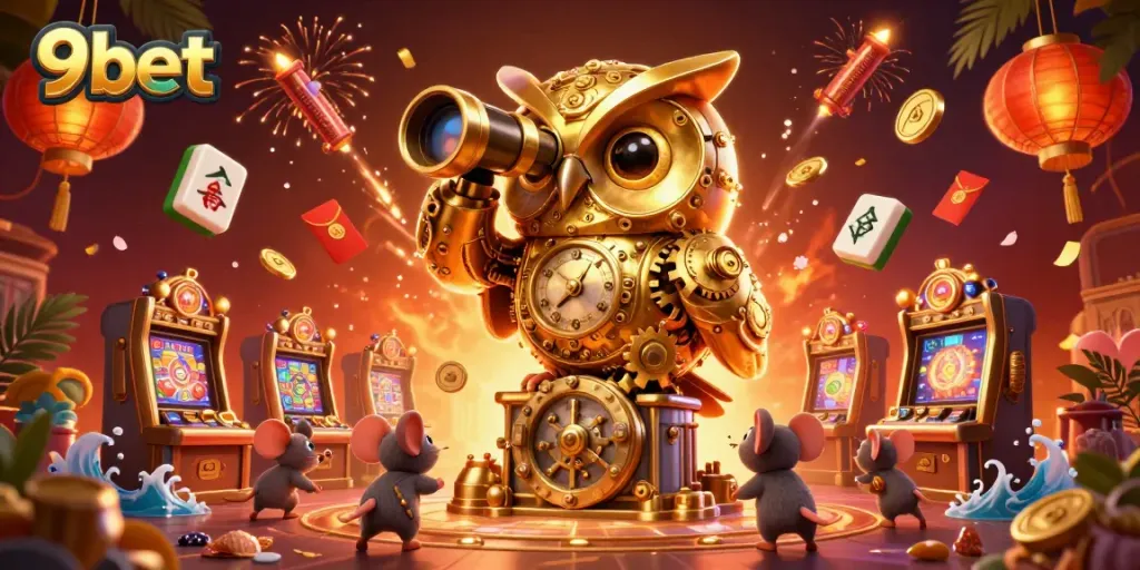 Experience the excitement of 9bet with a dynamic casino scene featuring a golden owl and gaming elements.