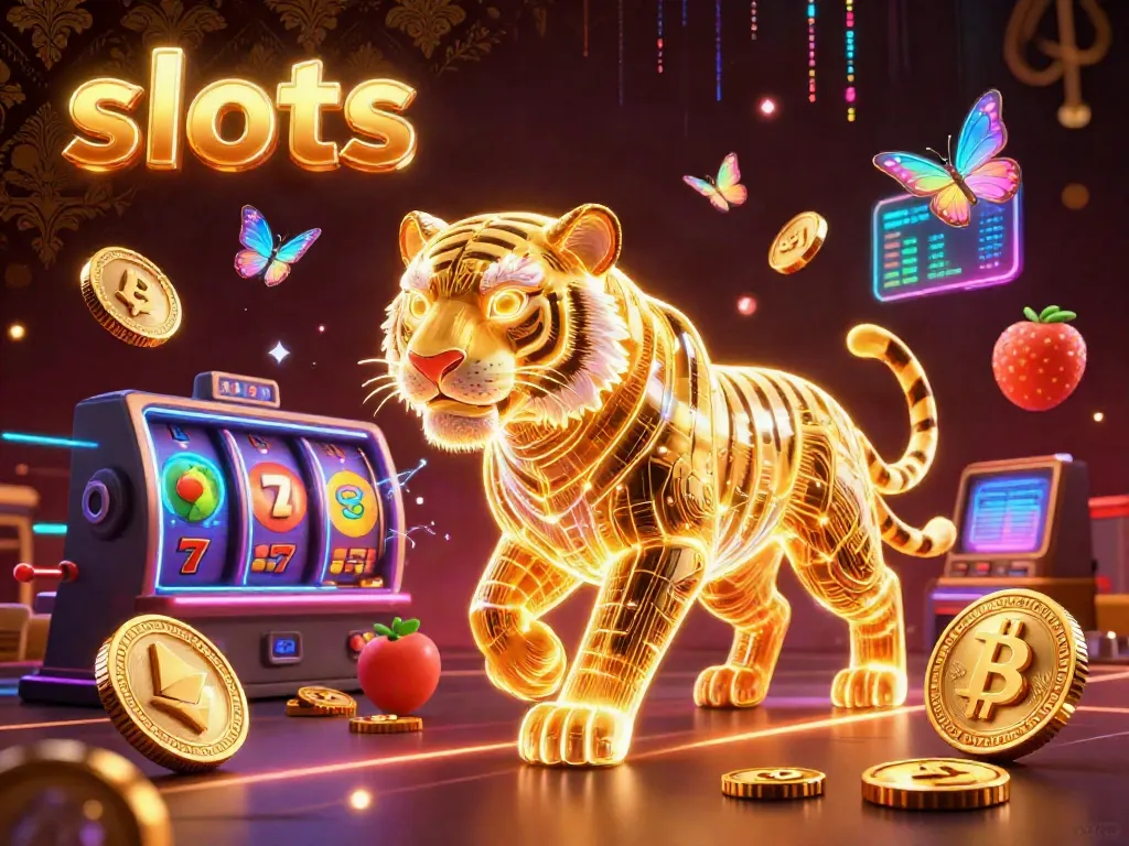 Engage with dynamic slots action featuring a golden tiger and holographic symbols in a vibrant digital casino scene.