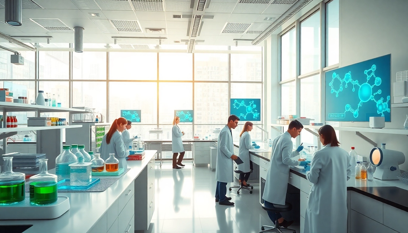 Researchers examining Peptides in a bright laboratory setting with advanced equipment.