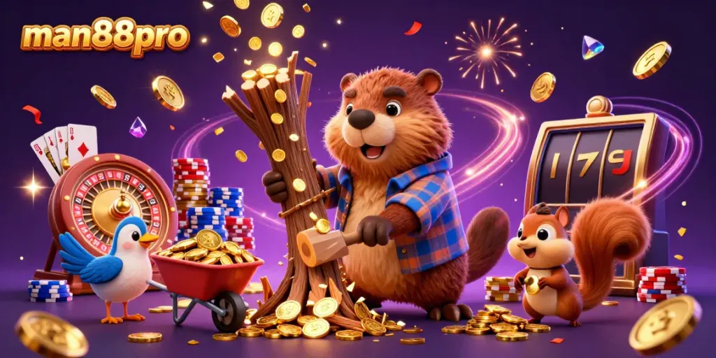 Experience excitement at man88pro with a dynamic 3D illustration of cartoon characters enjoying a casino atmosphere.