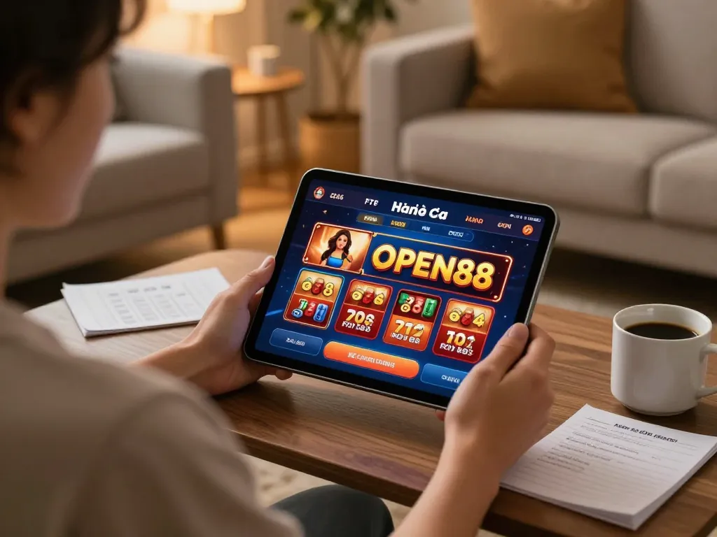 Engage in responsible gaming with Nhà cái OPEN88, enjoying mobile casino action in a cozy home setting.