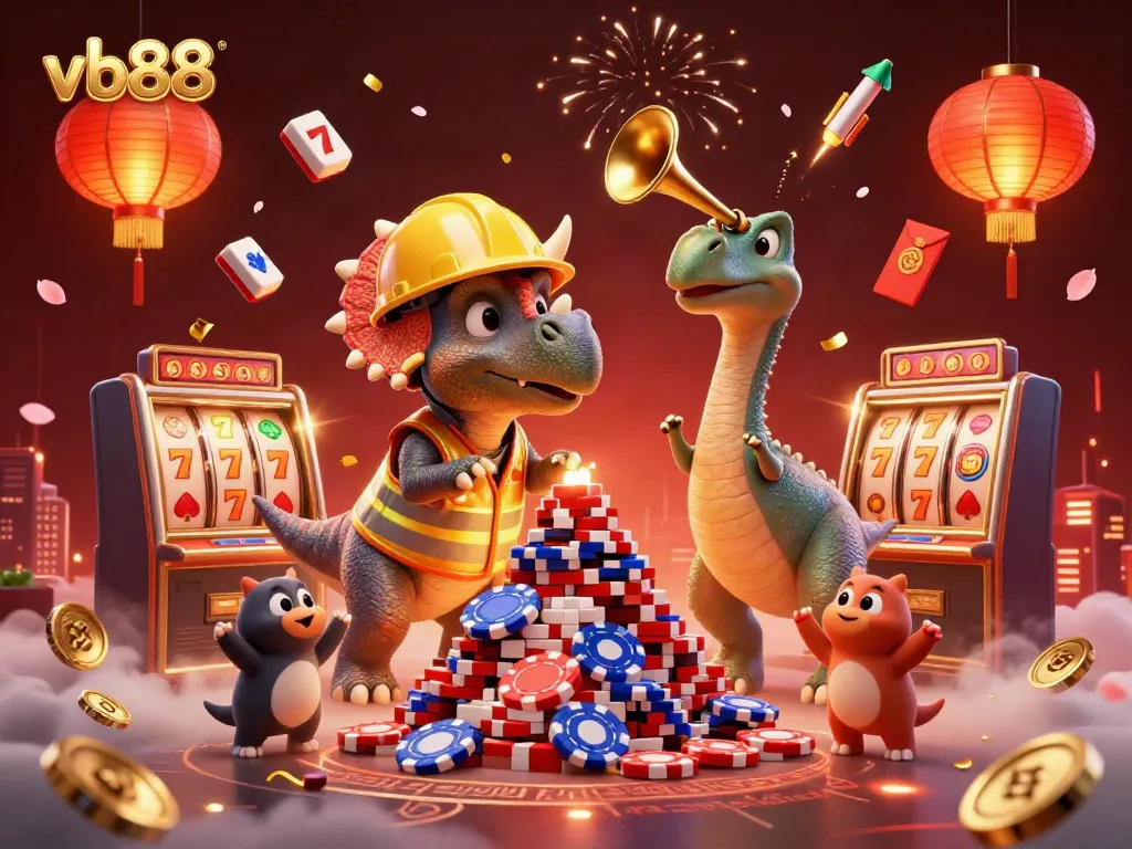 Spin and win with vb88's vibrant 3D casino scene featuring triceratops and festive elements.
