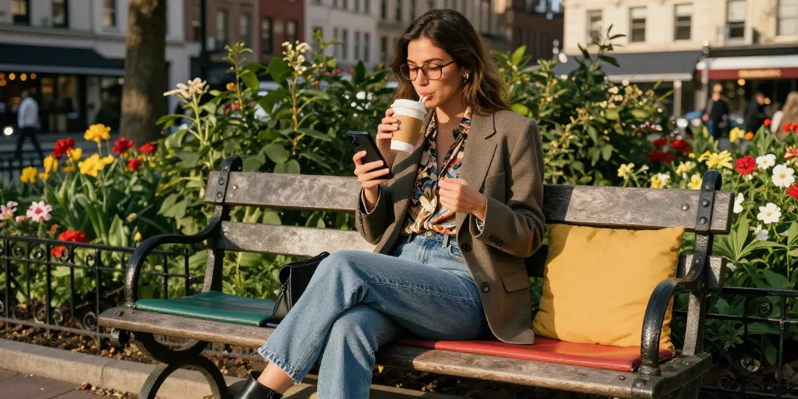 Stylish young woman wearing óculos de grau feminino in a city park, enjoying a chic lifestyle.