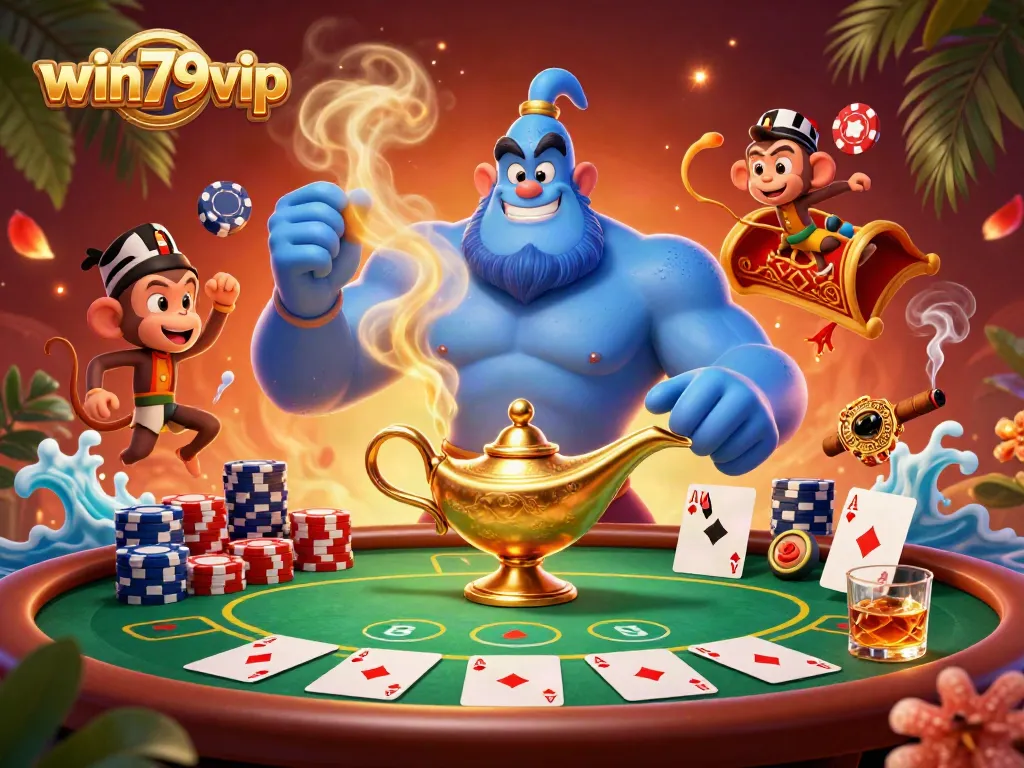 win79vip introduces an electrifying casino atmosphere with a 3D genie, poker chips, and vibrant gaming elements.