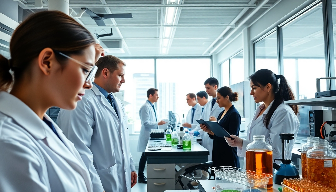 Analyse du microbiote Lausanne dans un laboratoire moderne avec des experts collaborant.