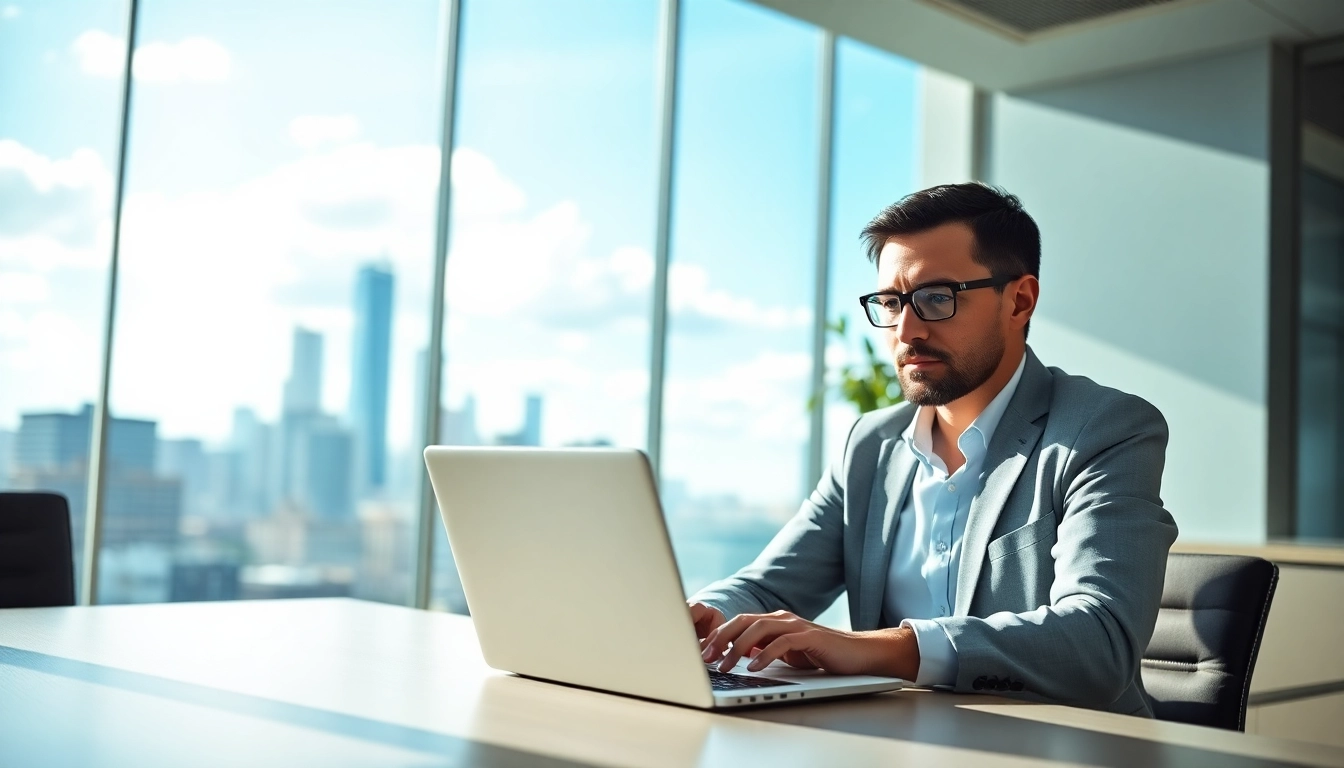 Consultant assessing Federal and State contracts data in a modern office.