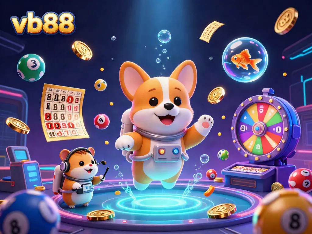 Experience the excitement at vb88 with a playful 3D space casino scene featuring fun characters and games.