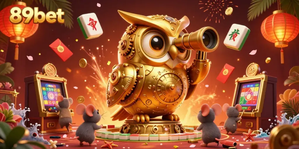 Experience the thrill of 89bet with a golden owl overseeing a vibrant casino scene, filled with gaming excitement.