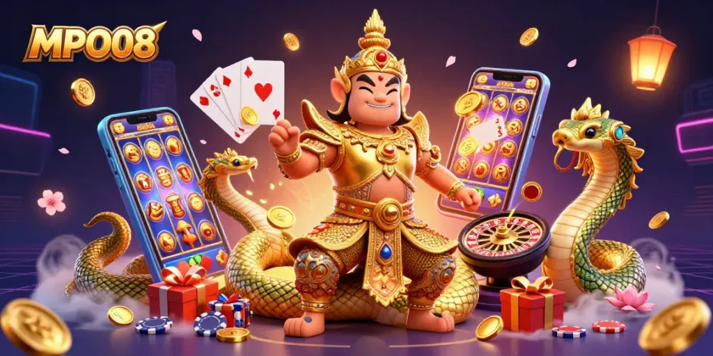 MPO08 showcases thrilling slot games with vibrant characters and dynamic casino elements in a stunning 3D illustration.