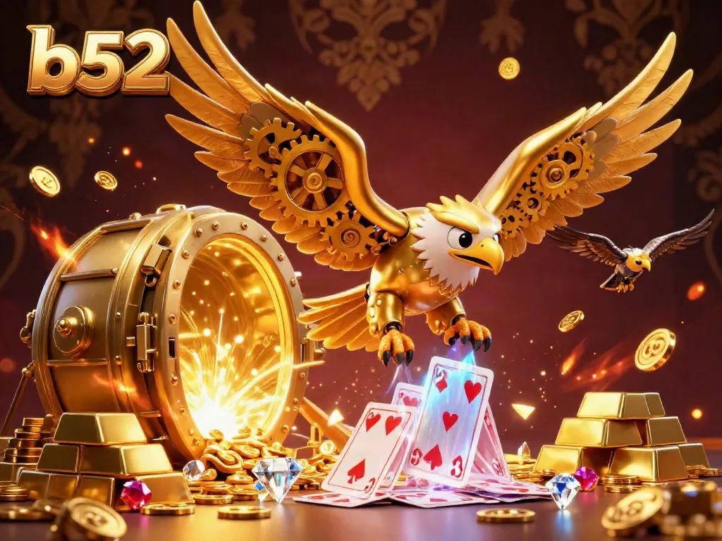 B52 gaming experience with a golden eagle soaring through holographic cards in a vibrant treasure-filled scene.