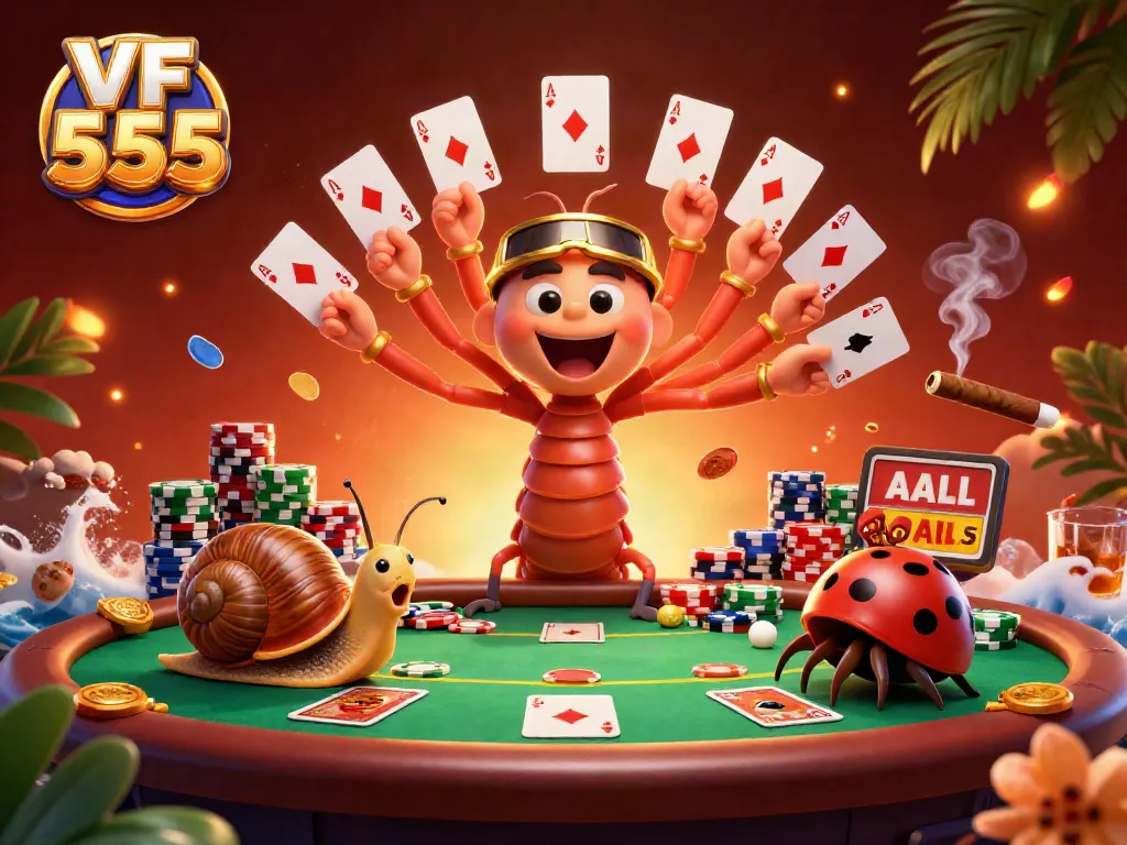 Experience thrilling gameplay with VF 555, featuring a cartoon dealer and vibrant poker elements.