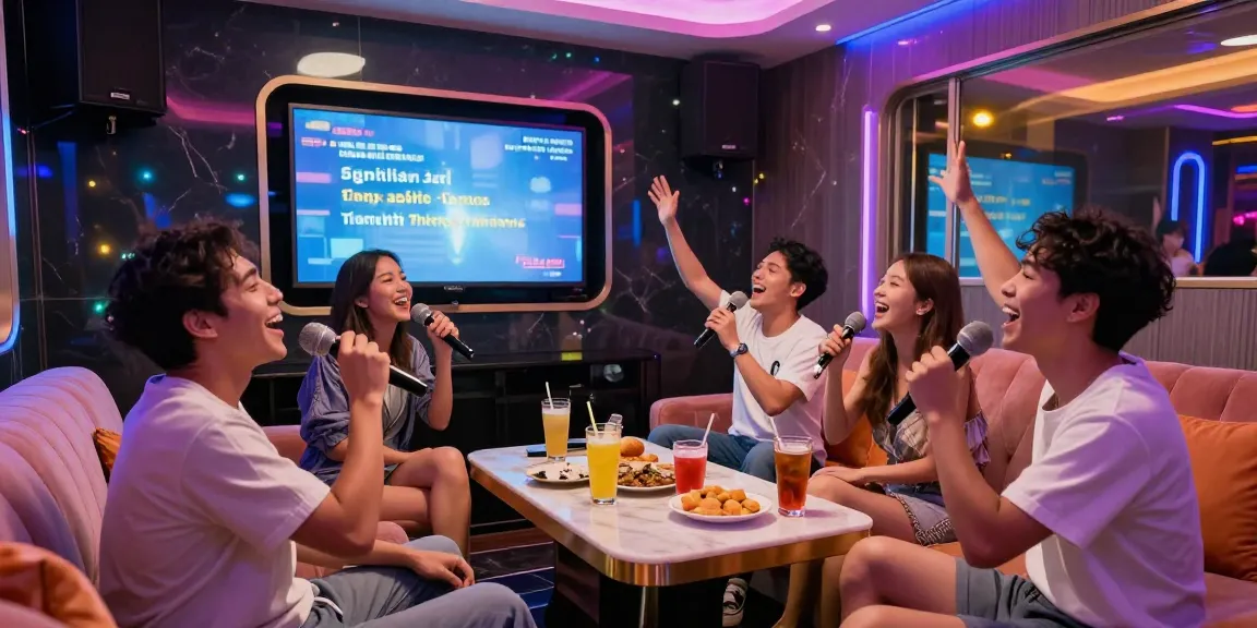 다낭 가라오케에서 친구들과 즐거운 시간을 보내는 모습, 화려한 조명과 인테리어가 돋보임