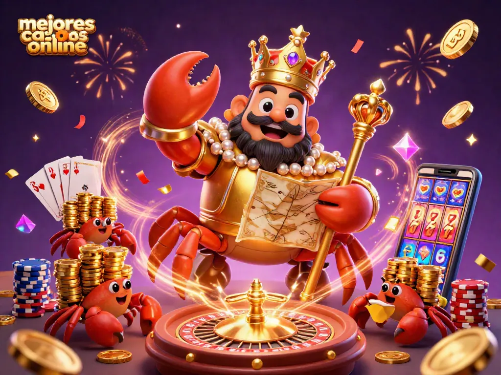 Descubre los mejores casinos online con un cangrejo dorado emperador y elementos de juego vibrantes.