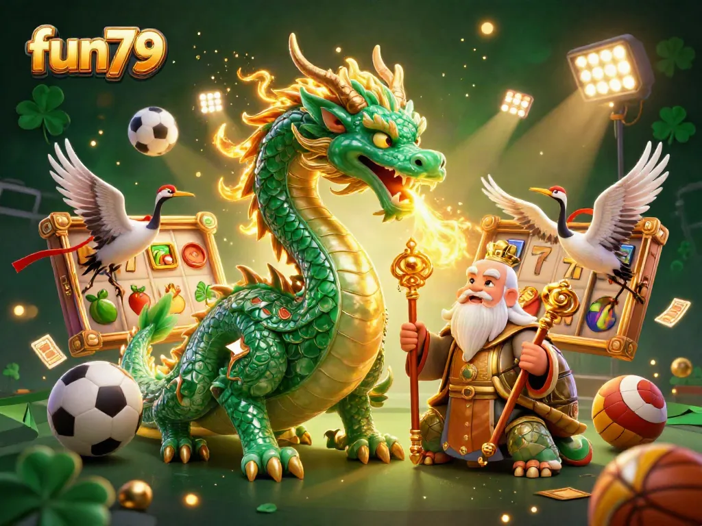Experience the thrill of fun79 with dynamic slot reels and a magical dragon in a 3D casino scene!