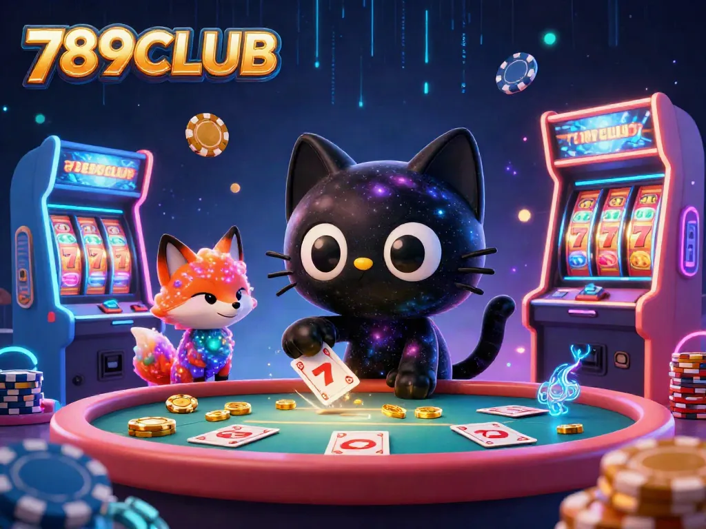 Engage in thrilling gameplay at 789CLUB with a cosmic casino scene featuring unique characters and vibrant slot elements.