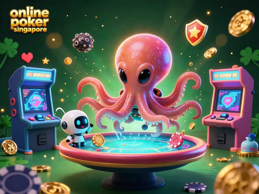 Engage in thrilling online poker Singapore sessions with a holographic poker table and colorful alien themes.