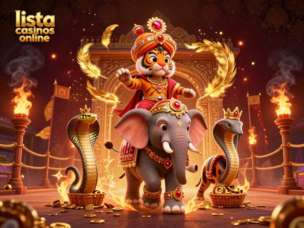 Explora la lista de casinos online con un tigre maharaja y un elefante en un escenario vibrante
