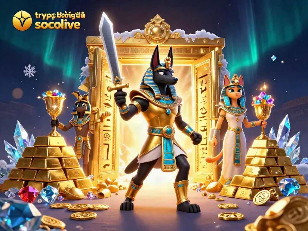 Experience trực tiếp bóng đá socolive with vibrant 3D illustration of Anubis and Bastet amidst treasures.
