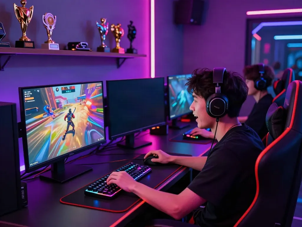 Engaged player at Hitclub gaming station with colorful screens and dynamic lighting.